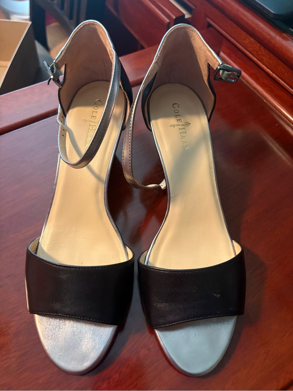 Cole Haan Black and Silver Ankle-Strap Wedge Sandals
